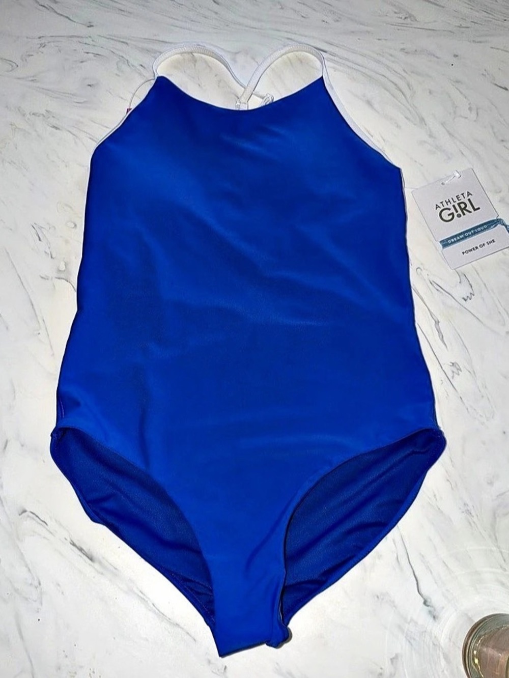 Athleta Girl adjustable Strappy One Piece Swimsuit Blue & White Girls xxl 16 new